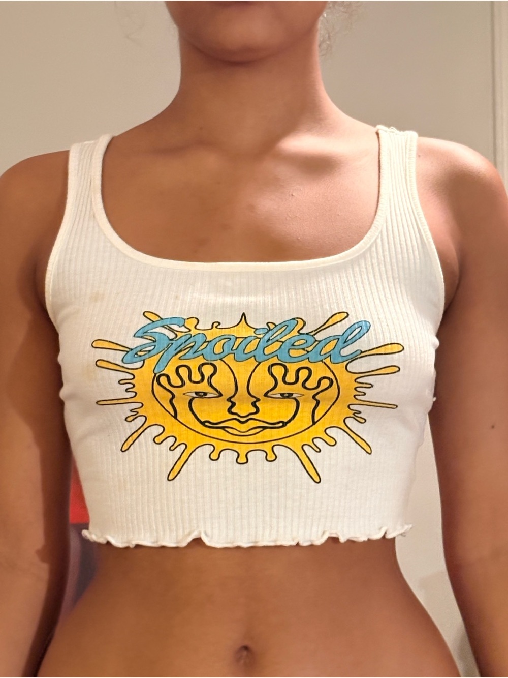 White Ribbed Crop Tank with Yellow Sun Graphic